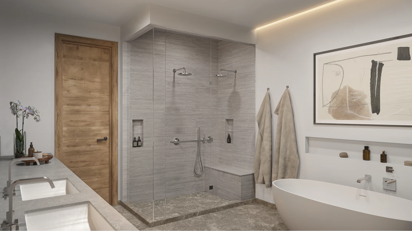 Primary bath rendering — freestanding soaking tub, walk-in shower with twin rain heads, natural stone floor, dual vanities.