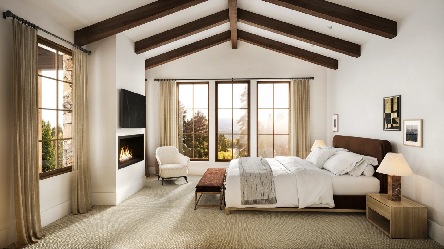 Primary suite rendering — king bed, gas fireplace, three-panel mountain-view window, exposed wood beams overhead.
