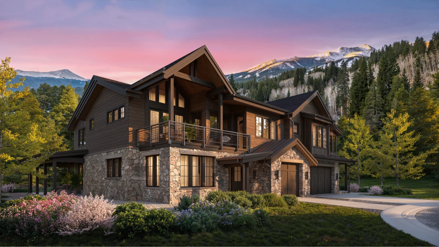Independence Townhomes exterior rendering at dusk — dark stone base, cedar-clad upper story, gabled roofline against a purple Colorado sky.