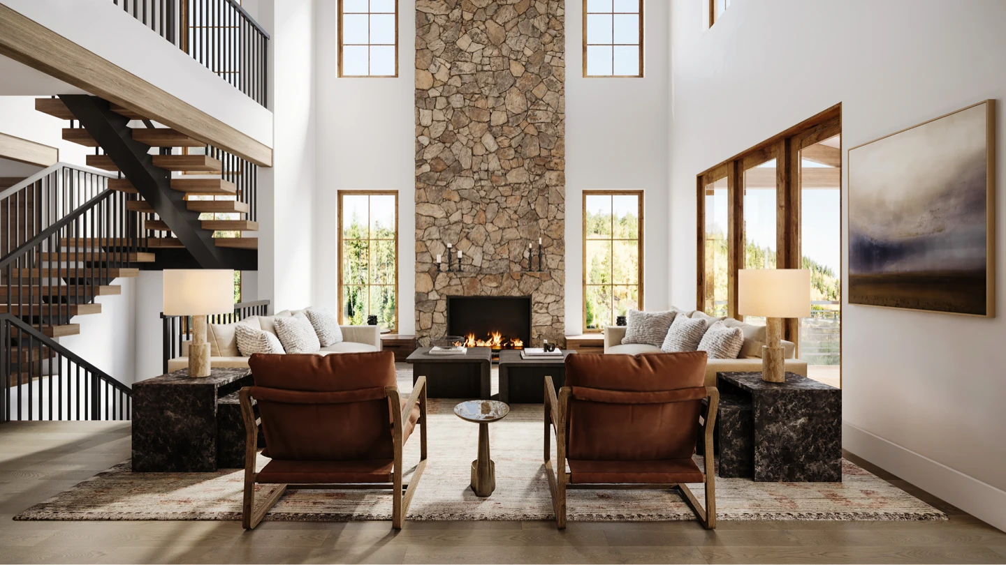 Great room rendering — two-story stone fireplace, floating wood stair, leather chairs pulled toward the hearth.