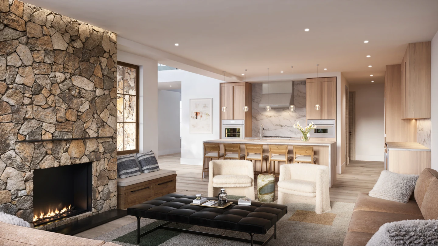 Chef's kitchen and living-plan rendering — waterfall marble island, integrated appliances, wood cabinetry, second stone fireplace.